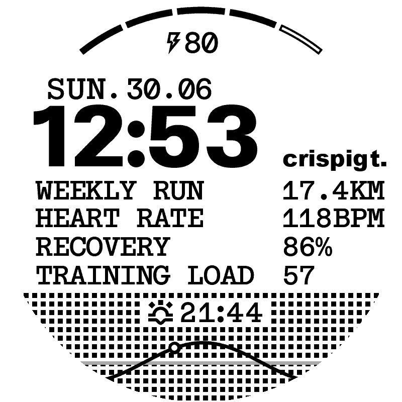 Monochrome watch face with a large clock, weekly run, heart rate, recovery and training load rows, and a dotted sun chart below.