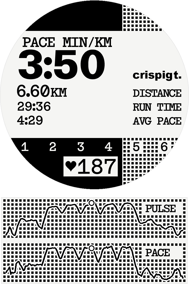 Monochrome run screen: current pace as a large clock, distance, run time and average pace beneath it, a heart-rate badge at the bottom, and heart-rate zones filling two dotted fields from the left. Under the disc, two small graphs of pulse and pace across the run, a ring on each marking the moment shown.